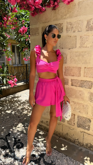 Capri ruffle shoulder crop top with shorts set