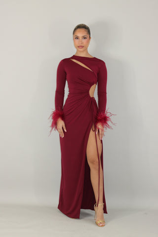 Phoenix long sleeve maxi dress with feathers