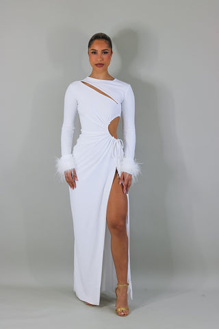 Phoenix long sleeve maxi dress with feathers