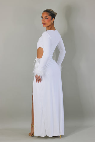 Phoenix long sleeve maxi dress with feathers